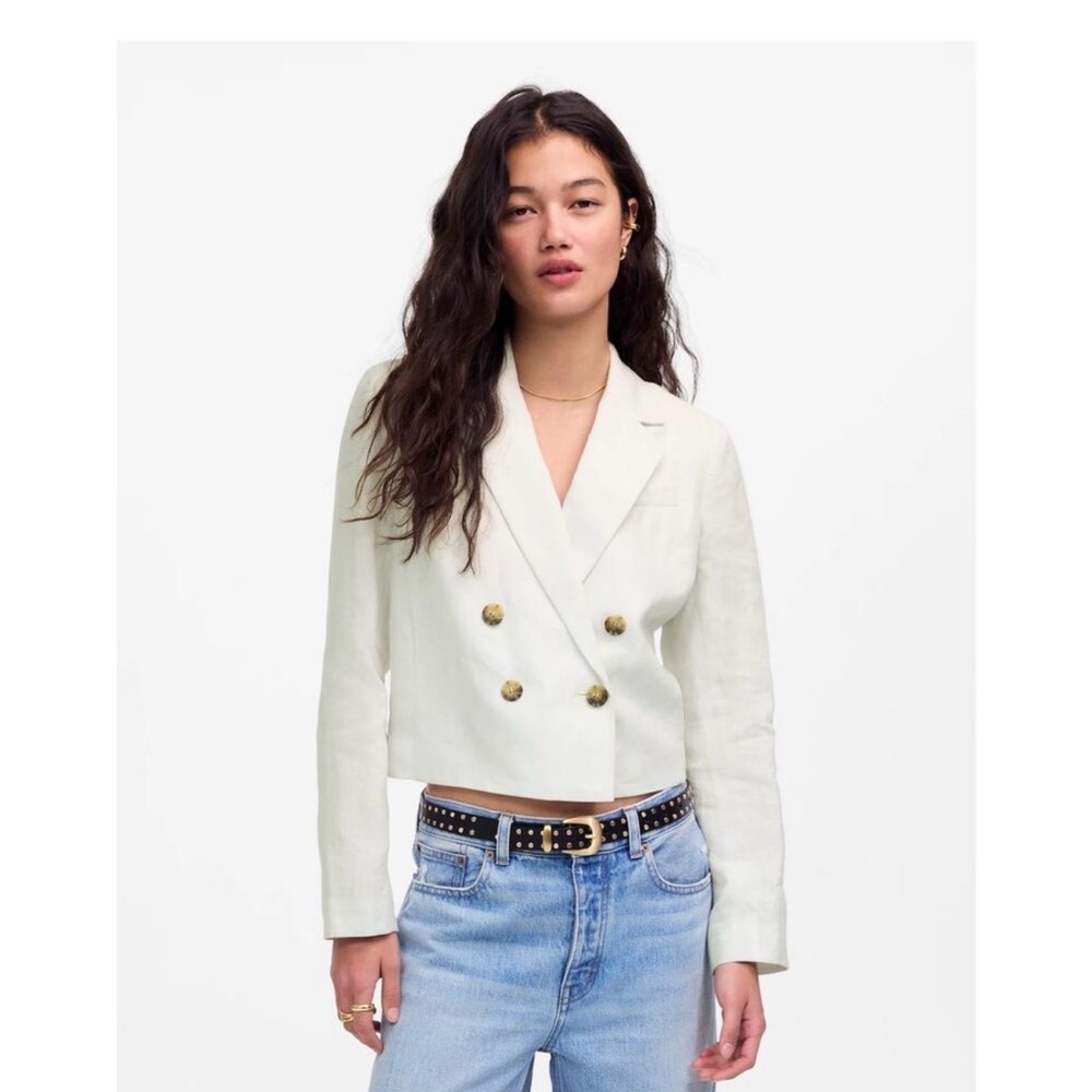 Madewell Women's Double-Breasted Crop Blazer in 100% Linen Salt Size 2
